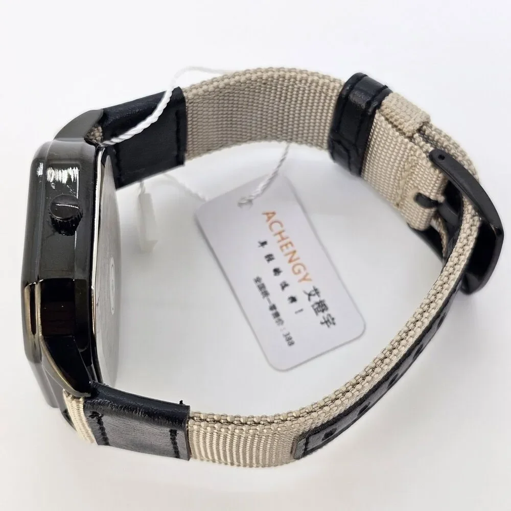 Men's Watch 42MM Black Case Black Dial Date‎ Black Tan Canvas Band Straps